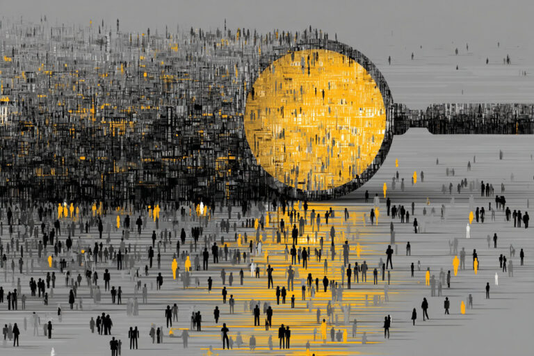 Oversized magnifying glass zooming into a group of its product's users to discover their niche needs, their ti help improve their products' UX, and to help them adapt & develop truly useful & effective features into their products.