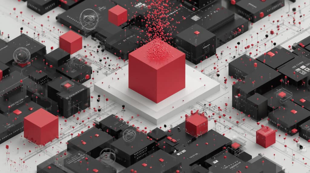 Vector Banner showing a central red cube with lots of other smaller dark grey cubic elements, and 4 Pathways going off in different directions, symbolising the 'Good Tech Gateway' Mission